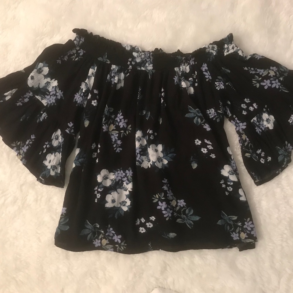 SOLD! Hollister Navy Blue Floral Off The Shoulder Top